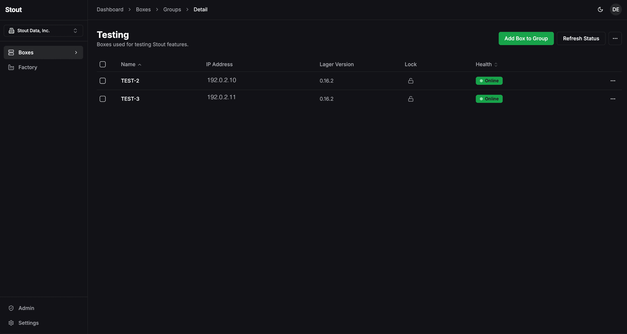 Stout dashboard showing a group of Lager boxes with online health status, IP addresses, and runtime versions